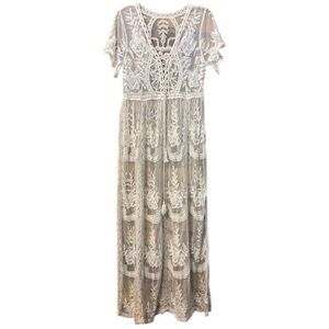 COPY - Women’s White Lace Embroidered Maxi Dress or Cover Up Medium Beautiful